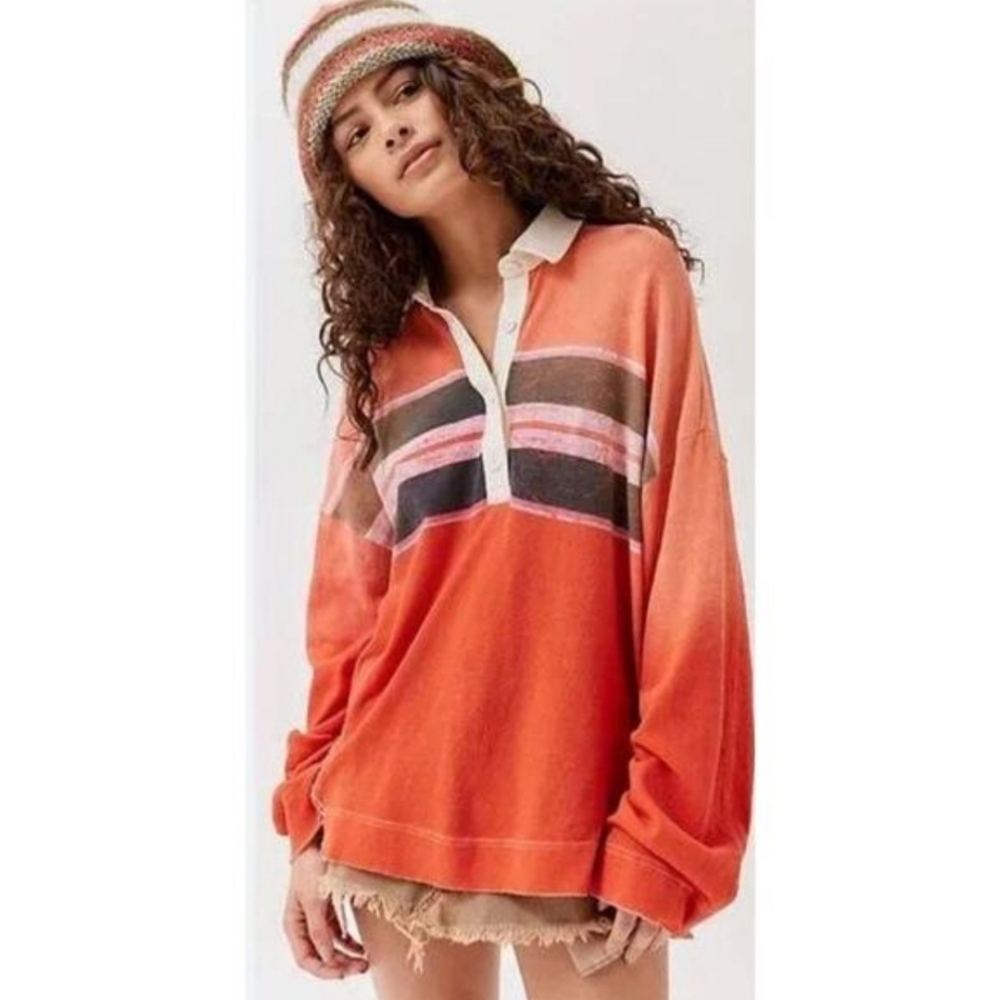 BDG Hallie Striped Oversized Distressed Long Sleeve Polo‎